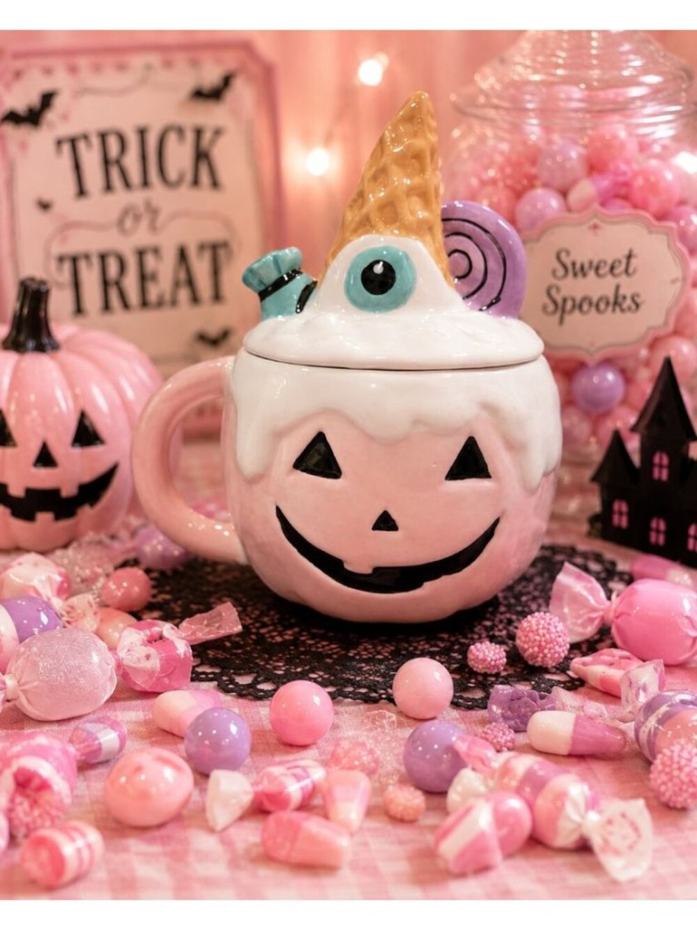 New Pink Halloween Pumpkin J O Lantern Cookie Candy Canister Lid Coffee Mug